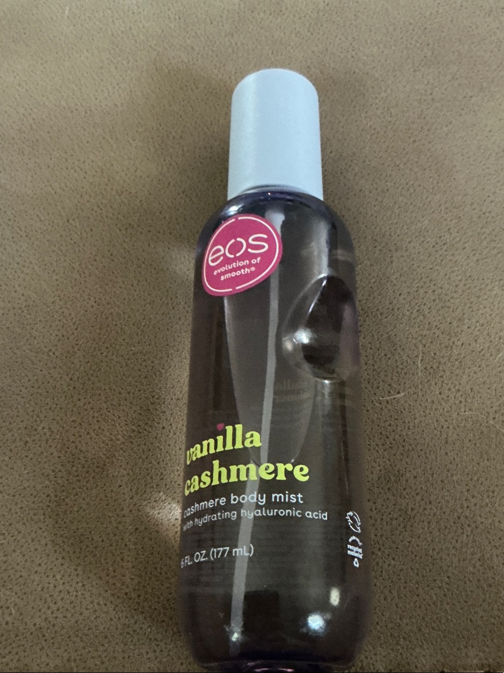 eos Vanilla Cashmere Body Mist — Brown Bottle with Light Blue Cap